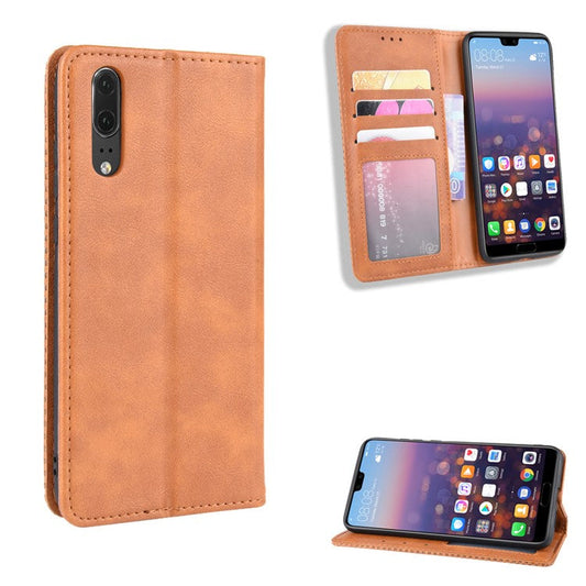 Retro PU Leather Wallet Stand Phone Cover Casing for Huawei P20 - Brown