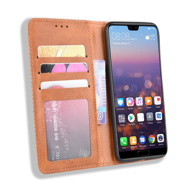 Retro PU Leather Wallet Stand Phone Cover Casing for Huawei P20 - Brown