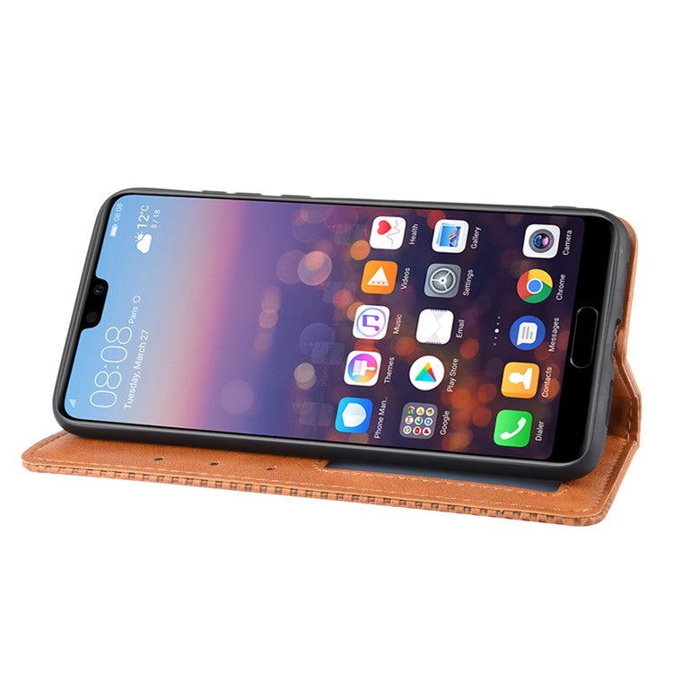 Retro PU Leather Wallet Stand Phone Cover Casing for Huawei P20 - Brown