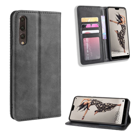 Retro Leather Wallet Phone Shell Casing for Huawei P20 Pro - Black