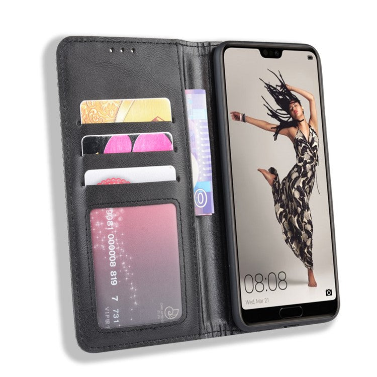 Retro Leather Wallet Phone Shell Casing for Huawei P20 Pro - Black
