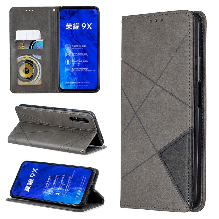 Geometric Pattern Leather Card Holder Case for Huawei Honor 9X (For China) / 9X Pro - Grey