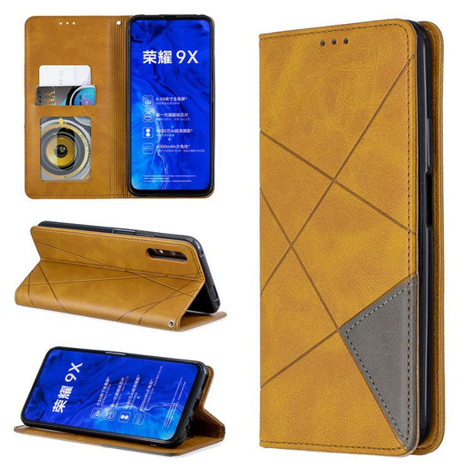 Geometric Pattern Leather Card Holder Case for Huawei Honor 9X (For China) / 9X Pro - Yellow