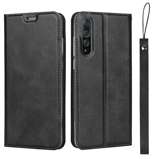 TPU+PU Leather Phone Stand Casing with Lanyard for Huawei P20 Pro - Black