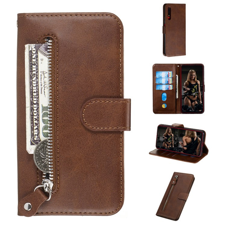 Zipper Pocket Wallet Stand Flip Leather Phone Cover for Huawei Honor 9X Pro/Honor 9X (For China) - Brown