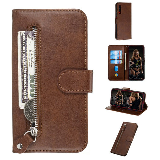 Zipper Pocket Wallet Stand Flip Leather Phone Cover for Huawei Honor 9X Pro/Honor 9X (For China) - Brown
