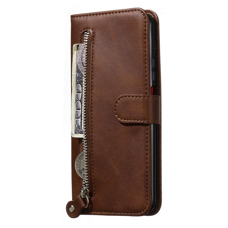 Zipper Pocket Wallet Stand Flip Leather Phone Cover for Huawei Honor 9X Pro/Honor 9X (For China) - Brown