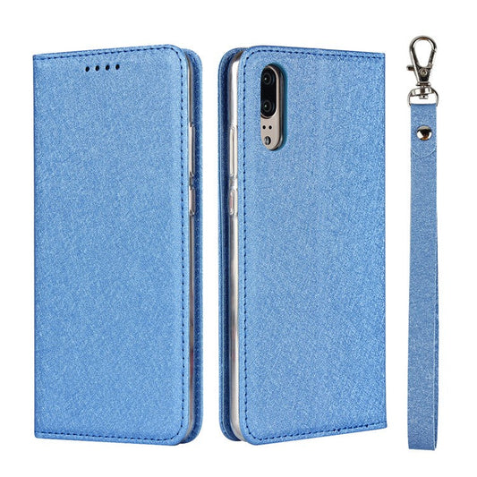 Silk Texture Wallet Leather Stand Case for Huawei P20 - Blue