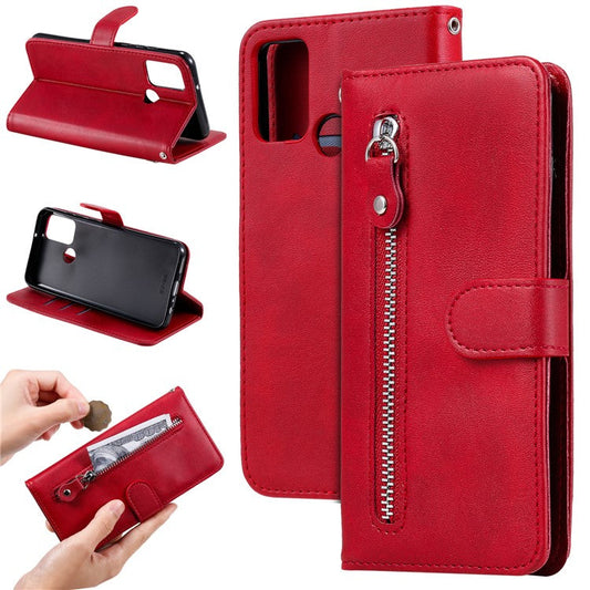 Zipper Pocket Leather Wallet Case for Honor 9A - Red