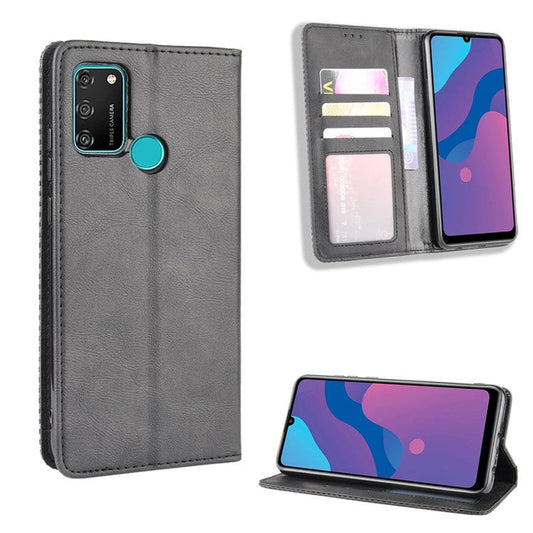 Vintage Style Leather Wallet Stand Phone Shell for Honor 9A/Play 9A - Black