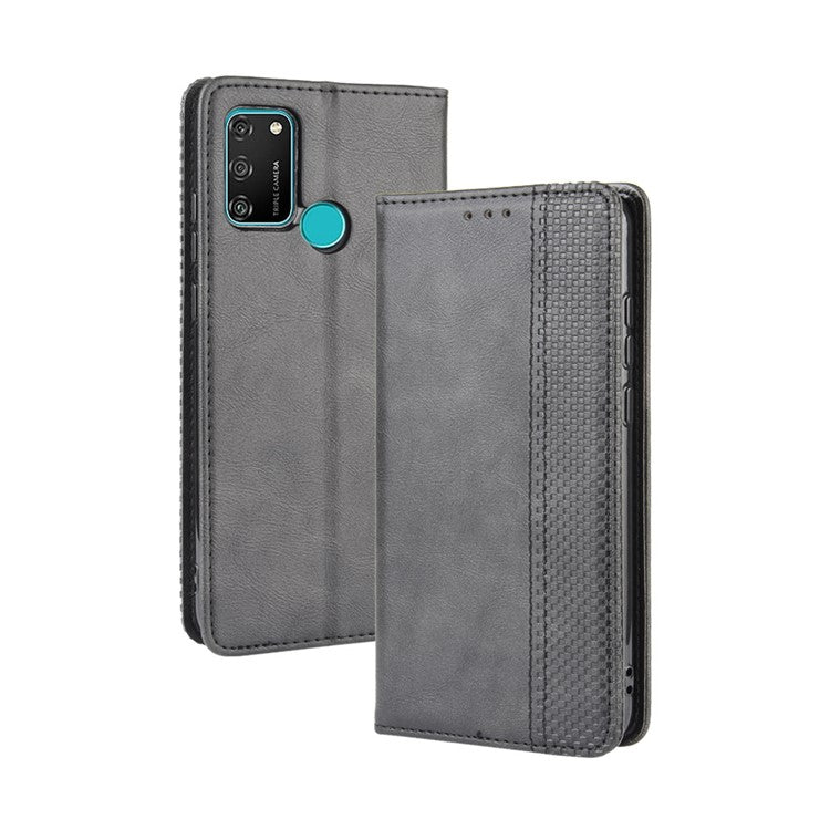 Vintage Style Leather Wallet Stand Phone Shell for Honor 9A/Play 9A - Black