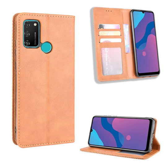 Vintage Style Leather Wallet Stand Phone Shell for Honor 9A/Play 9A - Brown