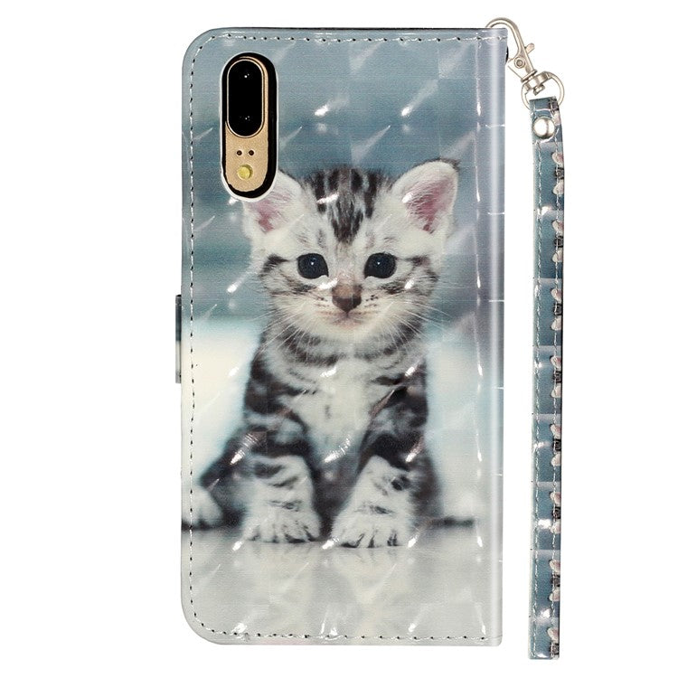 Light Spot Decor Wallet Stand Leather Pattern Printing Phone Case for Huawei P20 - Cat