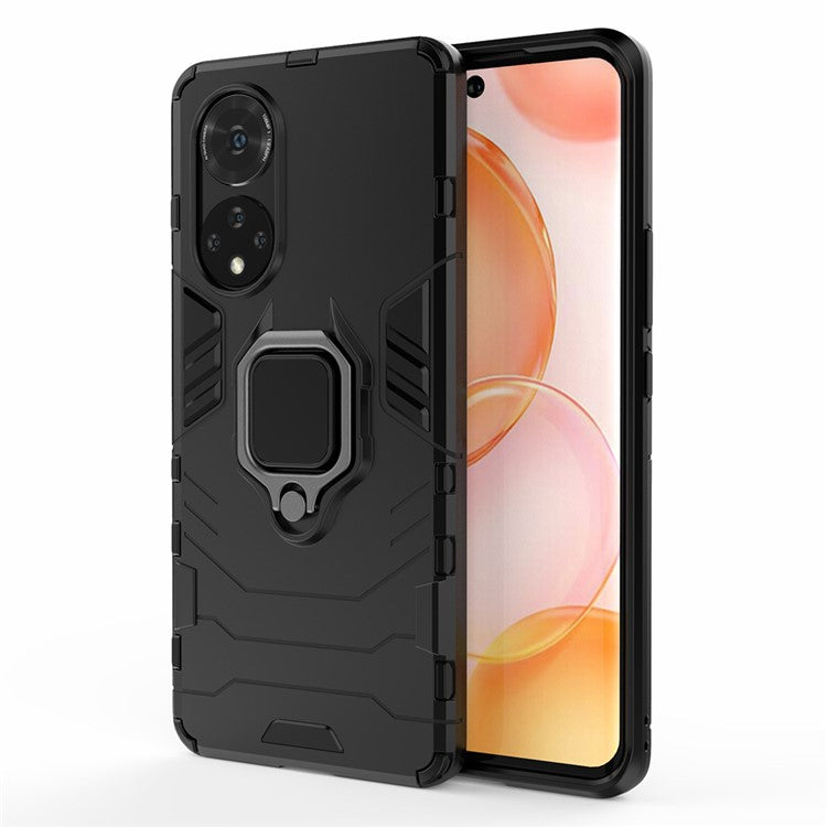 Hard PC + Soft TPU Hybrid Phone Case Cover with Ring Holder Kickstand for Honor 50 - Black
