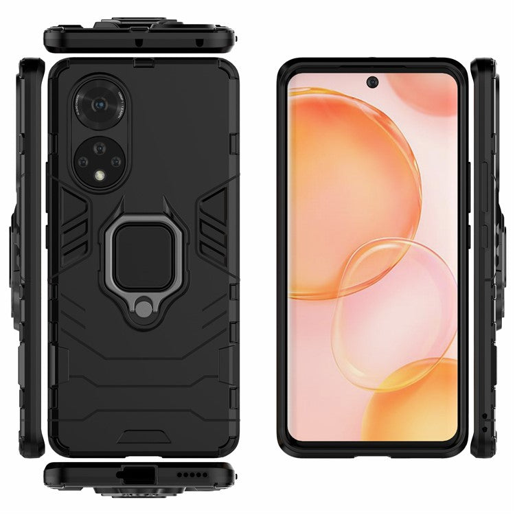 Hard PC + Soft TPU Hybrid Phone Case Cover with Ring Holder Kickstand for Honor 50 - Black