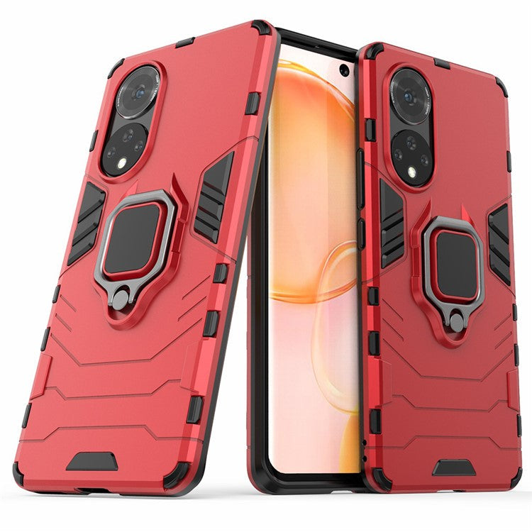 Hard PC + Soft TPU Hybrid Phone Case Cover with Ring Holder Kickstand for Honor 50 - Red