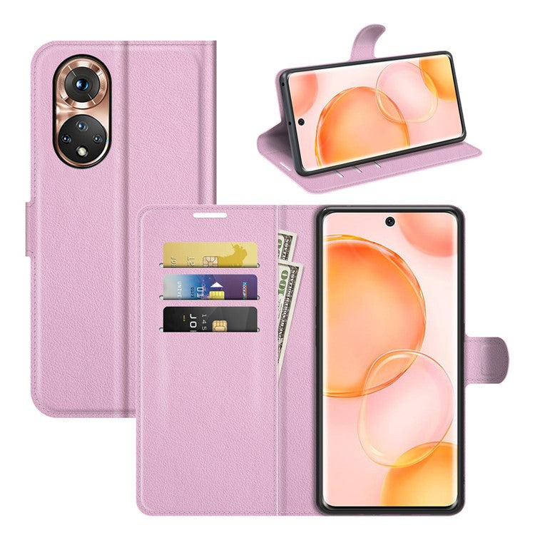 Folio Flip Full Protective Litchi Skin Leather Wallet Phone Stand Case Cover for Honor 50 - Pink