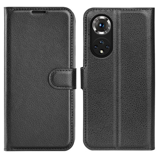 Folio Flip Full Protective Litchi Skin Leather Wallet Phone Stand Case Cover for Honor 50 - Black