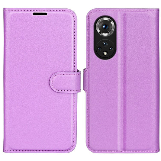 Folio Flip Full Protective Litchi Skin Leather Wallet Phone Stand Case Cover for Honor 50 - Purple