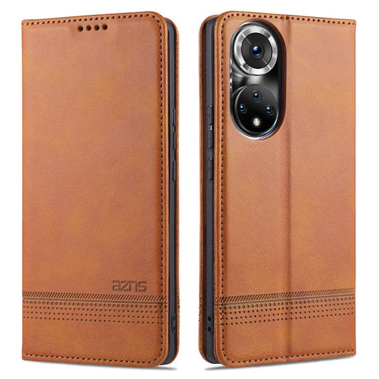 AZNS Wallet Case Flip Magnetic Shockproof Interior Protective Stand Cover for Honor 50 - Brown
