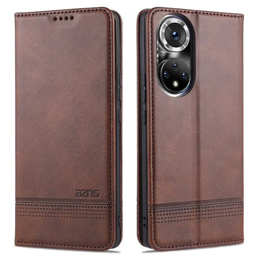 AZNS Wallet Case Flip Magnetic Shockproof Interior Protective Stand Cover for Honor 50 - Coffee