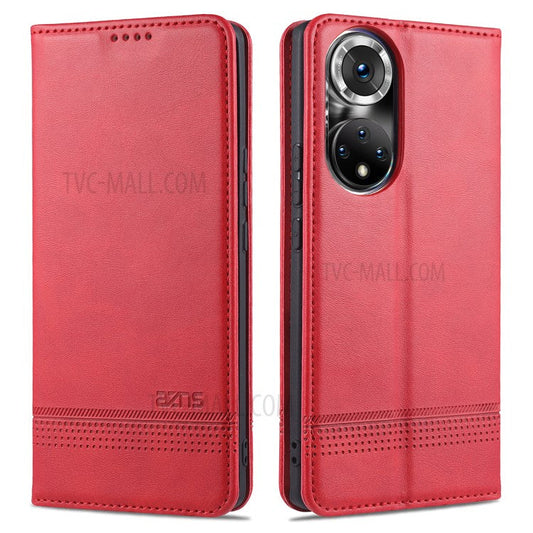 AZNS Wallet Case Flip Magnetic Shockproof Interior Protective Stand Cover for Honor 50 - Red