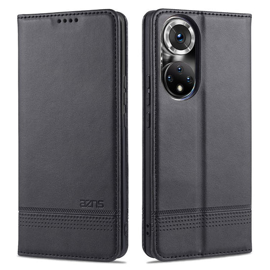 AZNS Wallet Case Flip Magnetic Shockproof Interior Protective Stand Cover for Honor 50 - Black