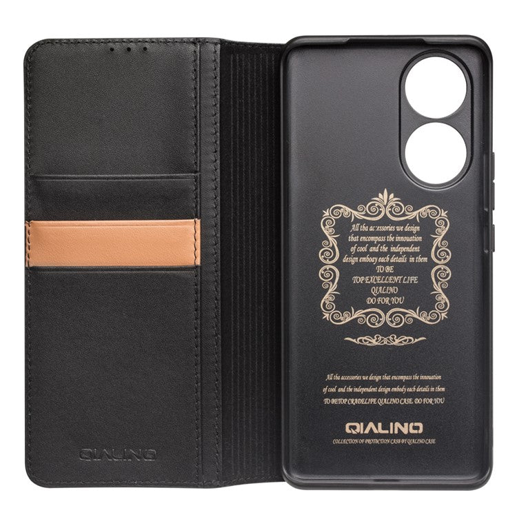 QIALINO Genuine Cowhide Leather Phone Stand Case Cover with Wallet Design for Honor 50 Pro / Huawei nova 9 Pro - Black