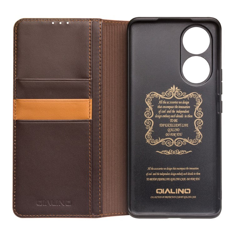 QIALINO Genuine Cowhide Leather Phone Stand Case Cover with Wallet Design for Honor 50 Pro / Huawei nova 9 Pro - Brown