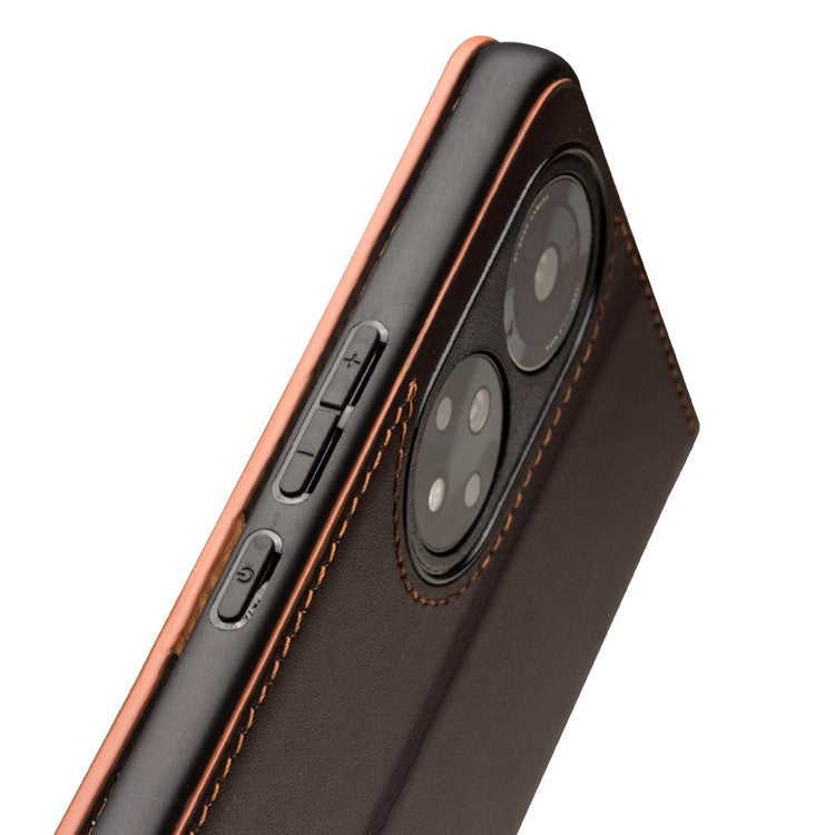 QIALINO Genuine Cowhide Leather Phone Stand Case Cover with Wallet Design for Honor 50 Pro / Huawei nova 9 Pro - Brown