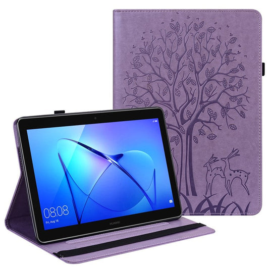 Tree and Deer Pattern Imprinted PU Leather Tablet Stand Cover Case with Card Slots for Huawei MediaPad T3 10 - Purple