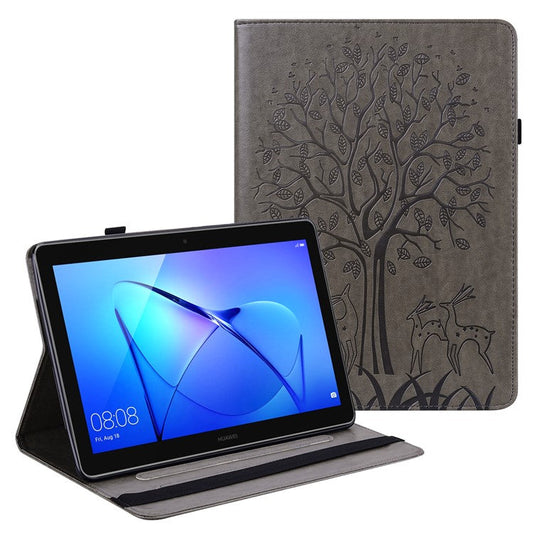 Tree and Deer Pattern Imprinted PU Leather Tablet Stand Cover Case with Card Slots for Huawei MediaPad T3 10 - Grey