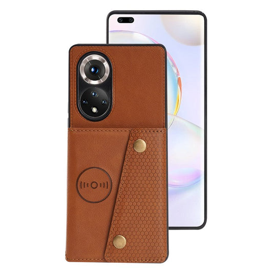 Built-in Vehicle Magnetic Sheet Card Slots Scratch-Resistant Kickstand PU Leather Coated TPU Case for Huawei nova 9 Pro/Honor 50 Pro - Brown