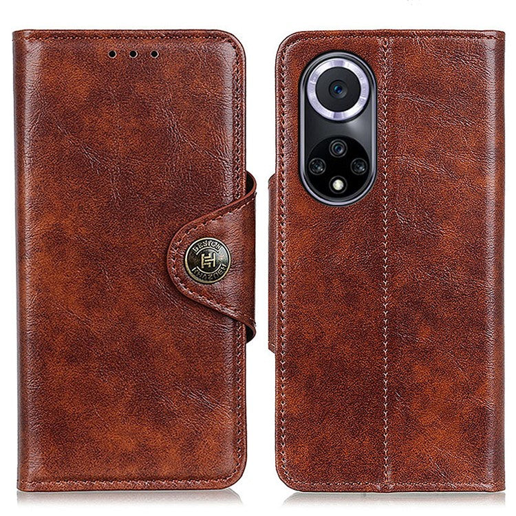 KHAZNEH Shock Resistant Magnetic Clasp Closure PU Leather Phone Cover Shell with Stand Wallet for Honor 50 - Brown