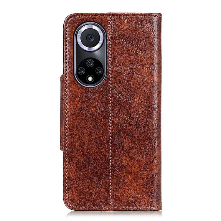KHAZNEH Shock Resistant Magnetic Clasp Closure PU Leather Phone Cover Shell with Stand Wallet for Honor 50 - Brown