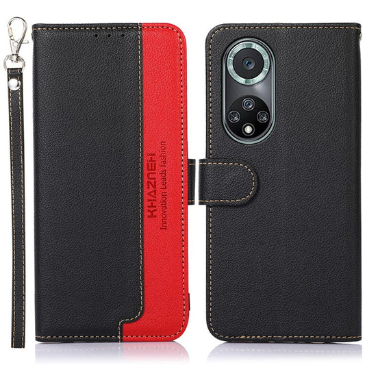 KHAZNEH Anti-theft Swiping Litchi Skin PU Leather RFID Blocking Wallet Stand Protective Phone Case with Strap for Honor 50 Pro - Black