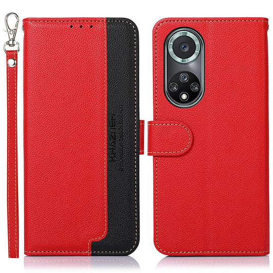 KHAZNEH Anti-theft Swiping Litchi Skin PU Leather RFID Blocking Wallet Stand Protective Phone Case with Strap for Honor 50 Pro - Red