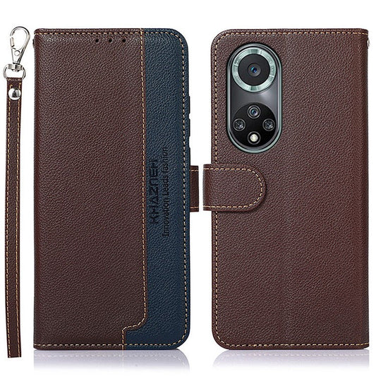 KHAZNEH Anti-theft Swiping Litchi Skin PU Leather RFID Blocking Wallet Stand Protective Phone Case with Strap for Honor 50 Pro - Brown