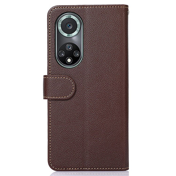 KHAZNEH Anti-theft Swiping Litchi Skin PU Leather RFID Blocking Wallet Stand Protective Phone Case with Strap for Honor 50 Pro - Brown
