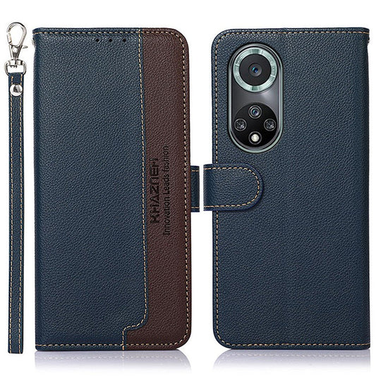 KHAZNEH Anti-theft Swiping Litchi Skin PU Leather RFID Blocking Wallet Stand Protective Phone Case with Strap for Honor 50 Pro - Blue