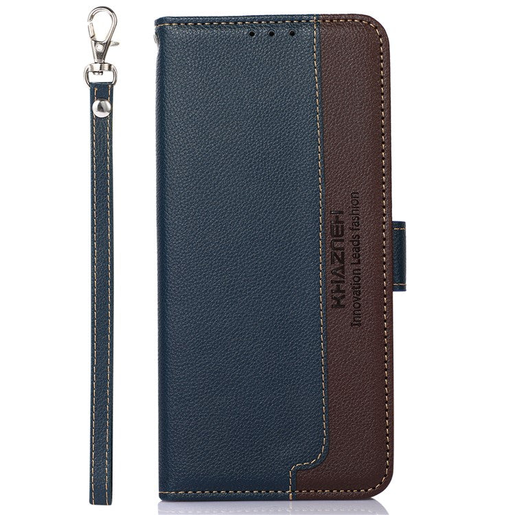 KHAZNEH Anti-theft Swiping Litchi Skin PU Leather RFID Blocking Wallet Stand Protective Phone Case with Strap for Honor 50 Pro - Blue