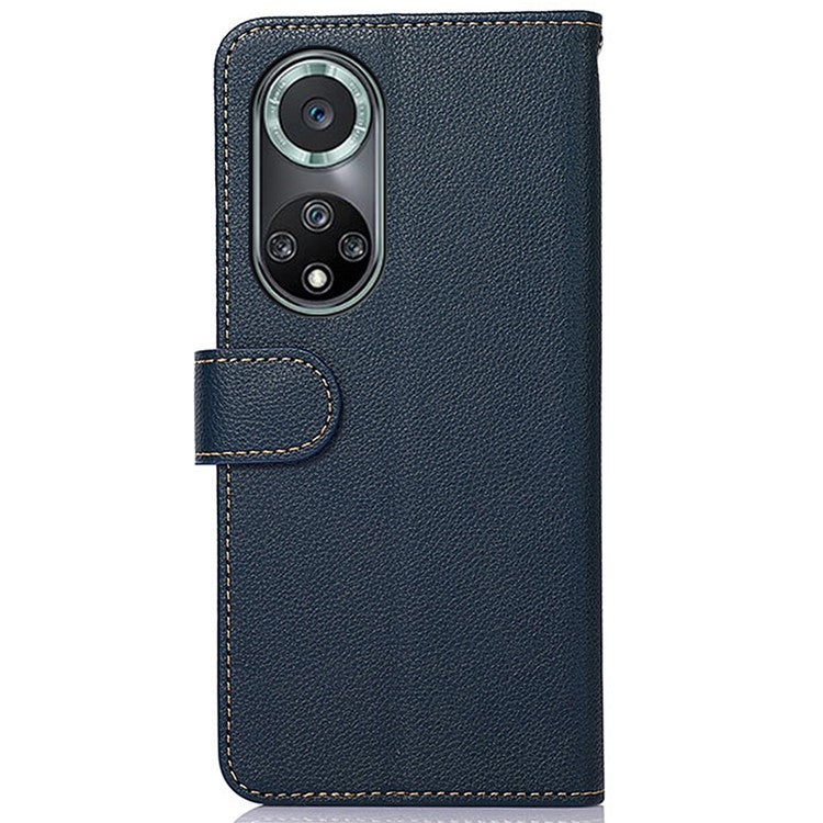 KHAZNEH Anti-theft Swiping Litchi Skin PU Leather RFID Blocking Wallet Stand Protective Phone Case with Strap for Honor 50 Pro - Blue
