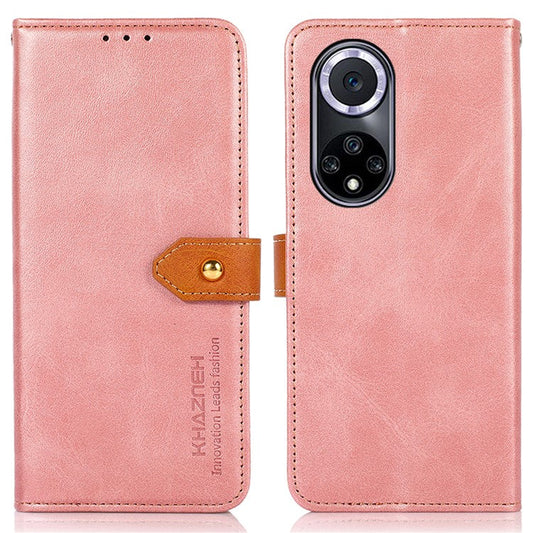 KHAZNEH Wallet Stand Magnetic Golden Clasp Shock Absorption Leather Cover Case for Honor 50 - Rose Gold