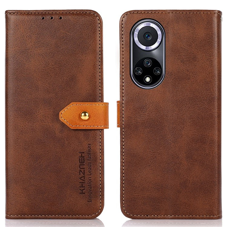 KHAZNEH Wallet Stand Magnetic Golden Clasp Shock Absorption Leather Cover Case for Honor 50 - Brown
