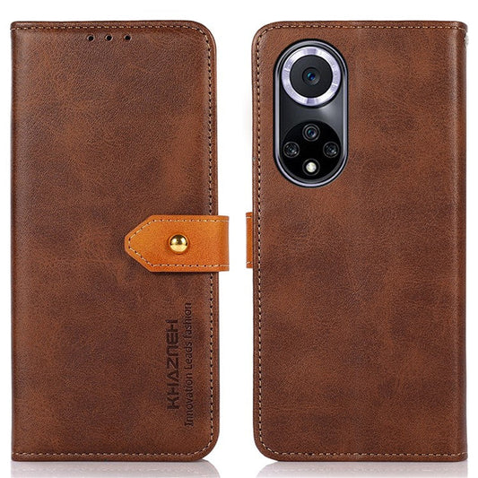 KHAZNEH Wallet Stand Magnetic Golden Clasp Shock Absorption Leather Cover Case for Honor 50 - Brown