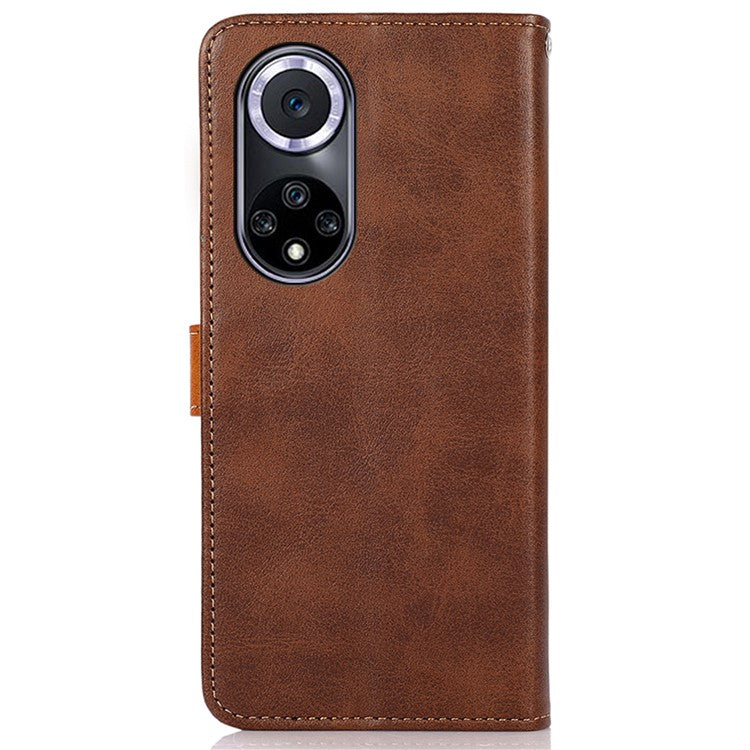 KHAZNEH Wallet Stand Magnetic Golden Clasp Shock Absorption Leather Cover Case for Honor 50 - Brown
