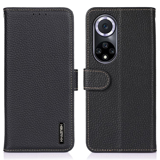 KHAZNEH Stand Litchi Texture Top Layer Flip Genuine Leather Wallet Magnetic Closure Protective Case for Honor 50 - Black