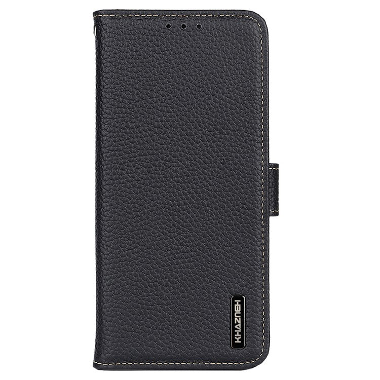 KHAZNEH Stand Litchi Texture Top Layer Flip Genuine Leather Wallet Magnetic Closure Protective Case for Honor 50 - Black