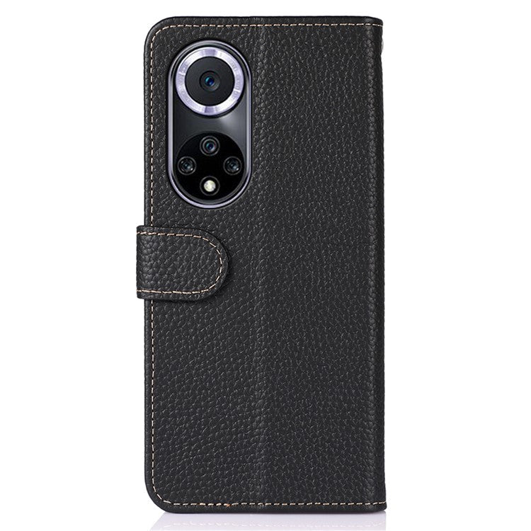 KHAZNEH Stand Litchi Texture Top Layer Flip Genuine Leather Wallet Magnetic Closure Protective Case for Honor 50 - Black
