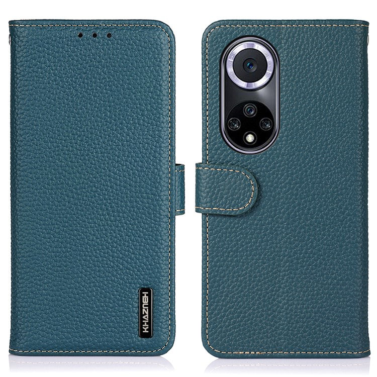 KHAZNEH Stand Litchi Texture Top Layer Flip Genuine Leather Wallet Magnetic Closure Protective Case for Honor 50 - Green
